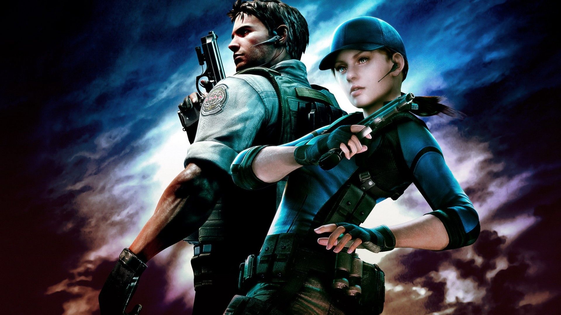 Download Wallpaper 1920x1080 resident evil, characters, girl, gun, sky Full HD 1080p HD Background