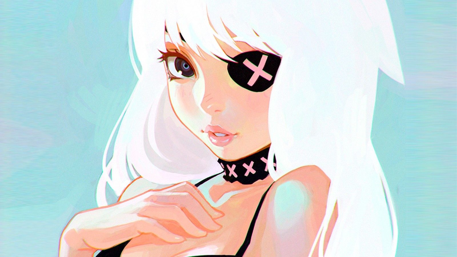 illustration, white hair, anime, anime girls, cartoon, black hair, mouth, eye patch, sketch, mangaka. Mocah.org HD Wallpaper