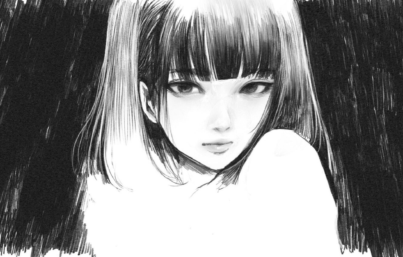 Wallpaper face, black and white, bangs, portrait of a girl, pencil drawing, by Wataboku image for desktop, section арт