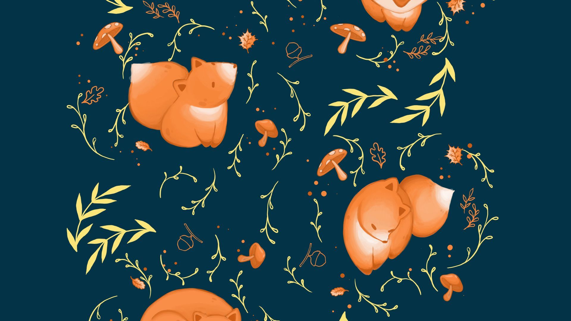 Download wallpaper 1920x1080 pattern, fox, leaves, branches, mushrooms, acorns full hd, hdtv, fhd, 1080p HD background