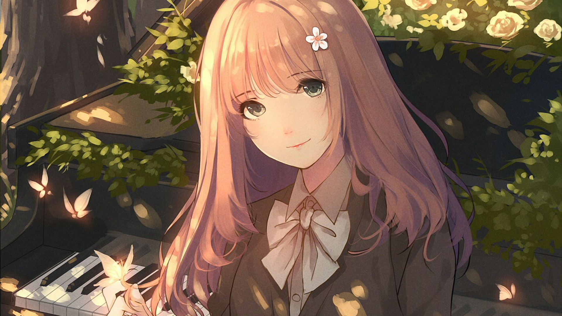 Desktop wallpaper piano, original, anime girl, beautiful, HD image, picture, background, 85534a