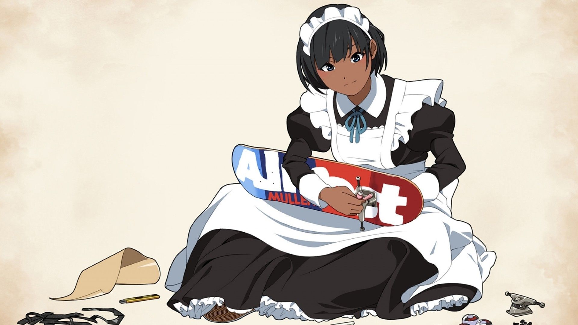 Download 1920x1080 Anime Maid Girl, Skateboard, Short Hair Wallpaper for Widescreen