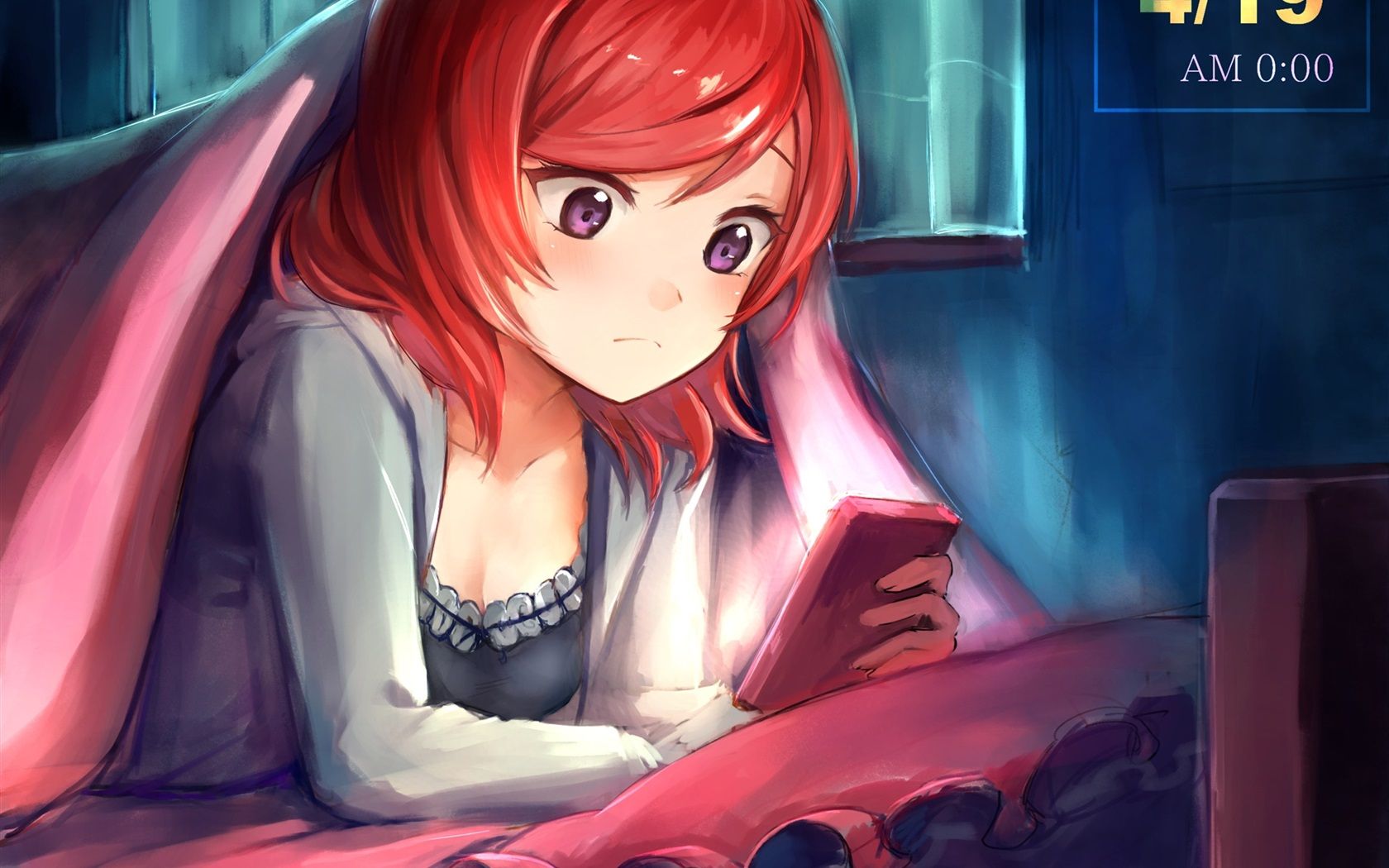 Red hair anime girl use phone Wallpaper 1680x1050