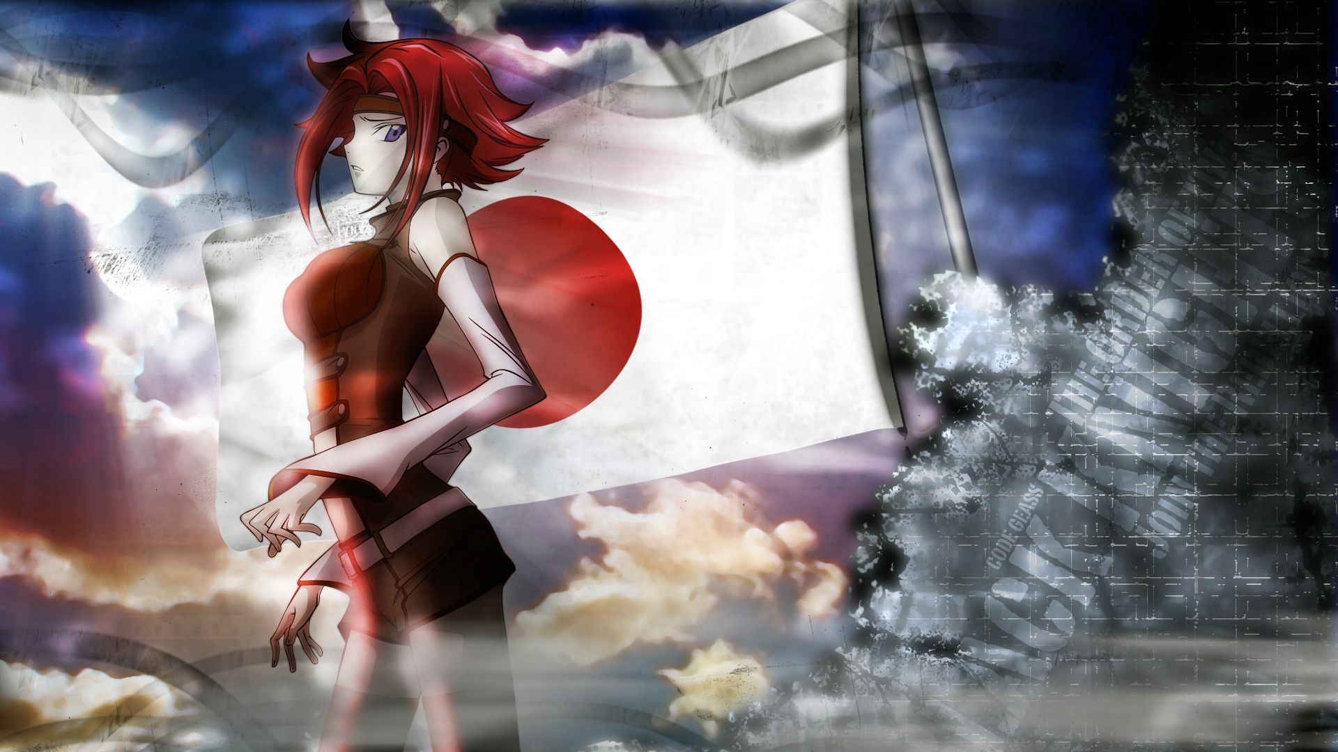 Download Wallpaper 1920x1080 anime, girl, red hair, rage, war, japan Full HD 1080p HD Background