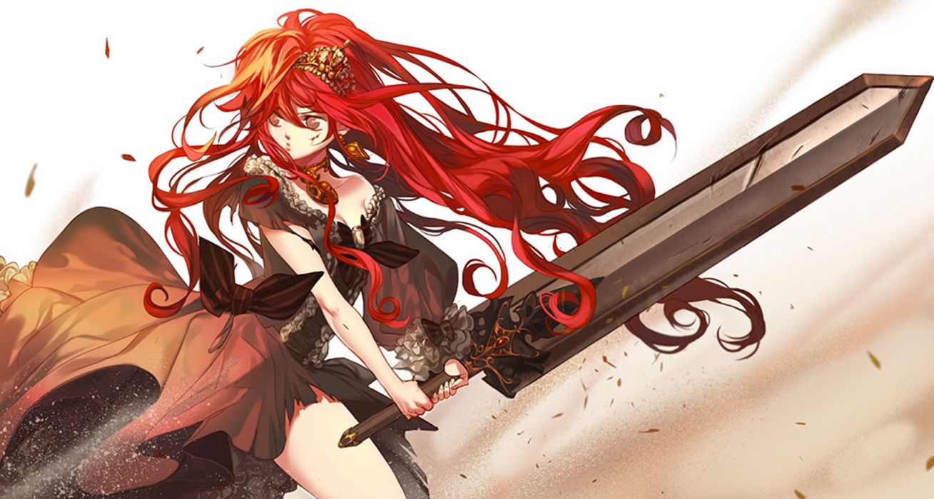 Anime girl beautiful angry brown eyes dragon headdress jewelry long hair red hair royalty sword weapon wallpaperx900