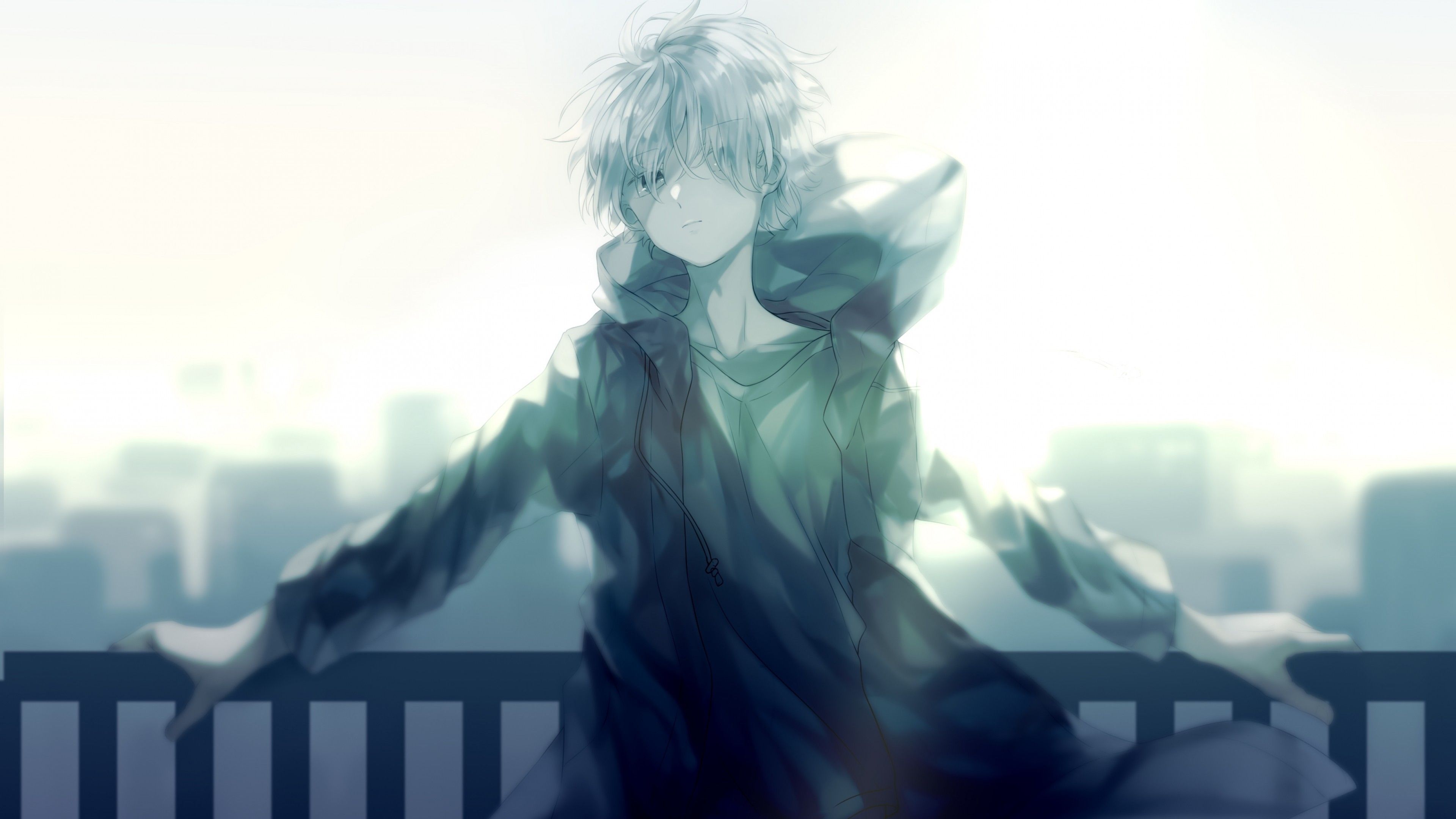 Download 3840x2160 Cool Anime Boy, Hoodie, White Hair, Fence, Cityscape Wallpaper for UHD TV
