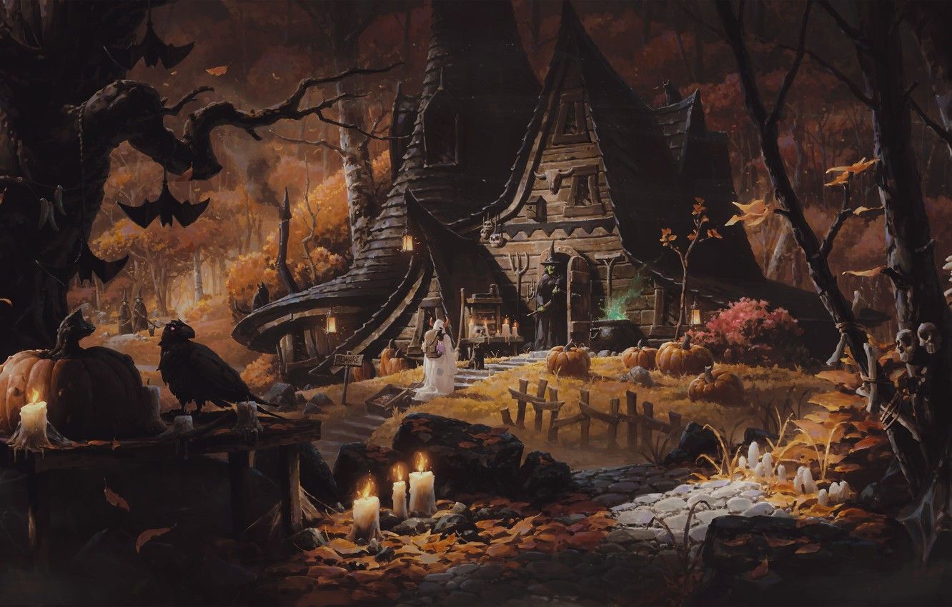 Wallpaper forest, cat, night, house, pumpkin, bat, witch, Raven, halloween image for desktop, section фантастика