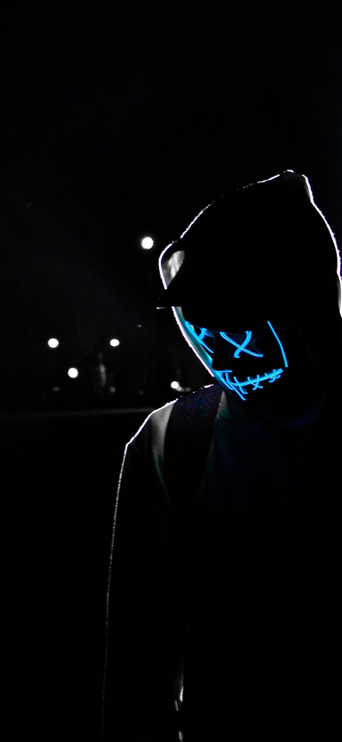 Download 1125x2436 Hoodie, Creepy Neon Mask, Dark Wallpaper for iPhone X