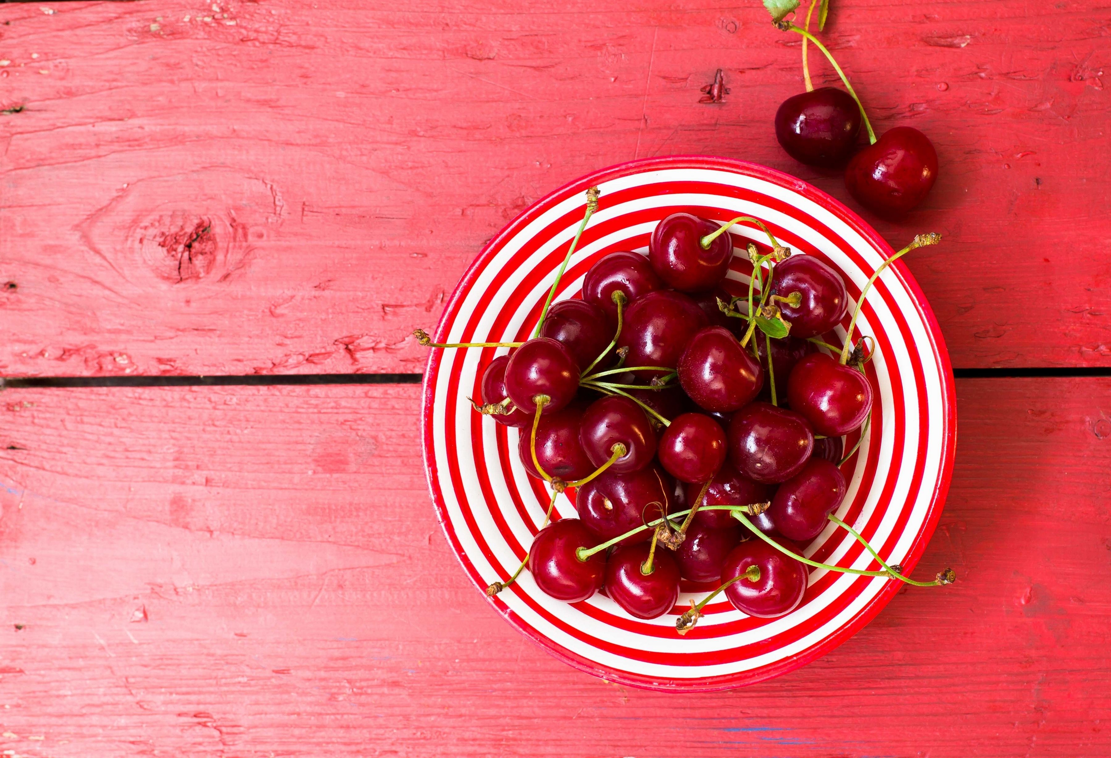 Cherries Wallpaper 4K, Cherry fruits, Bowl of fruits, Wooden background, Food