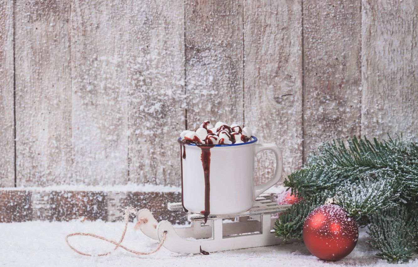 Wallpaper winter, snow, new year, christmas, decor, hot chocolate, decorations, marshmallows, Valeria Maksakova image for desktop, section праздники