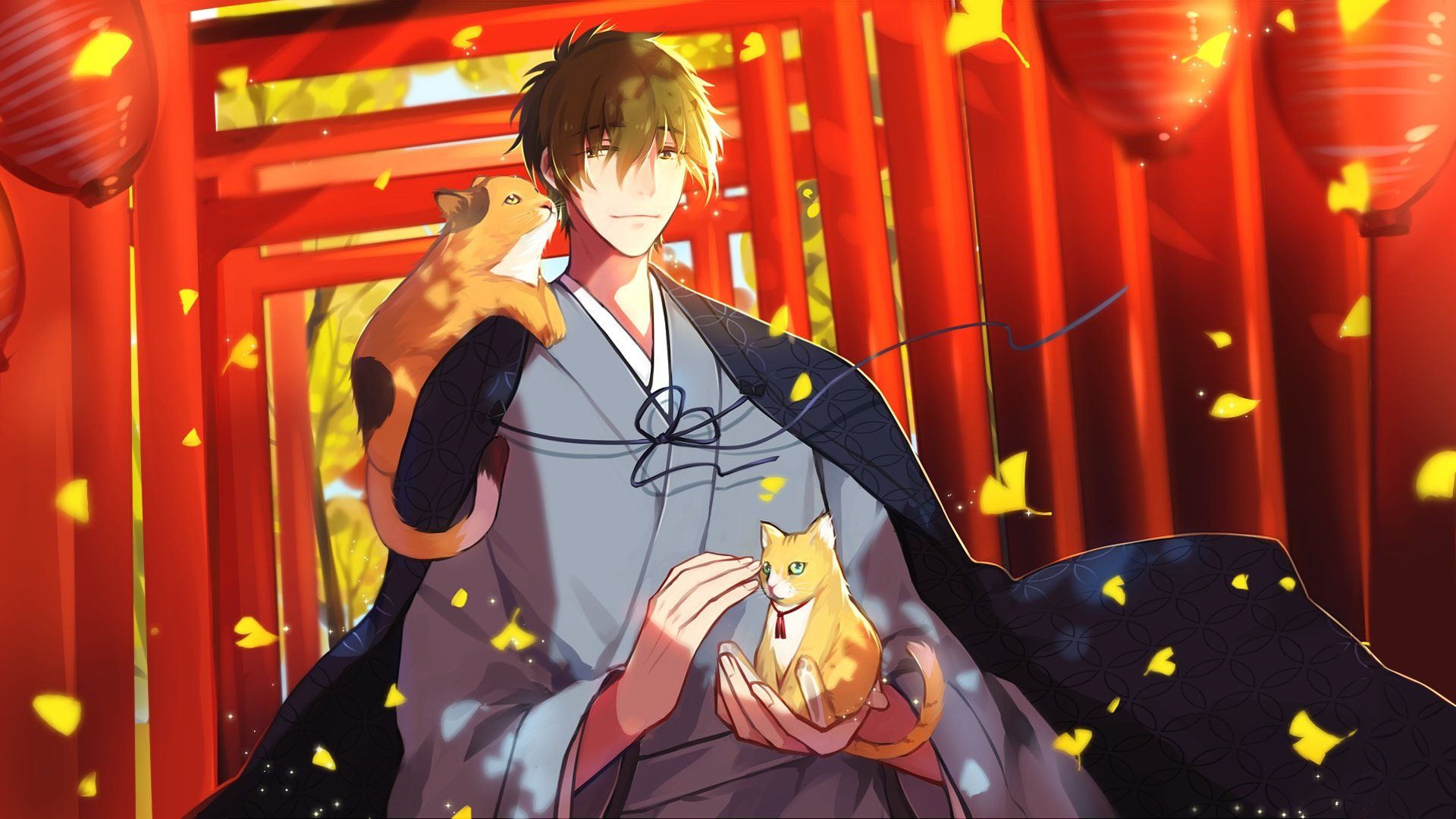 Anime all male animal autumn cat free! japanese clothes leaves male tachibana makoto torii yuzhi wallpaperx1080