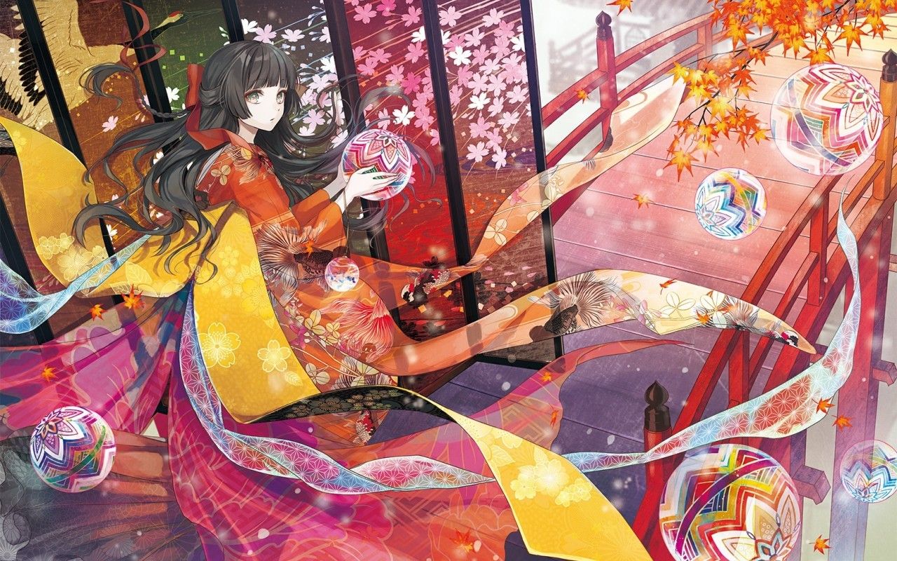 Download 1280x800 Anime Girl, Traditional Clothes, Autumn, Black Hair Wallpaper for Motorola Xoom, MacBook Pro 13