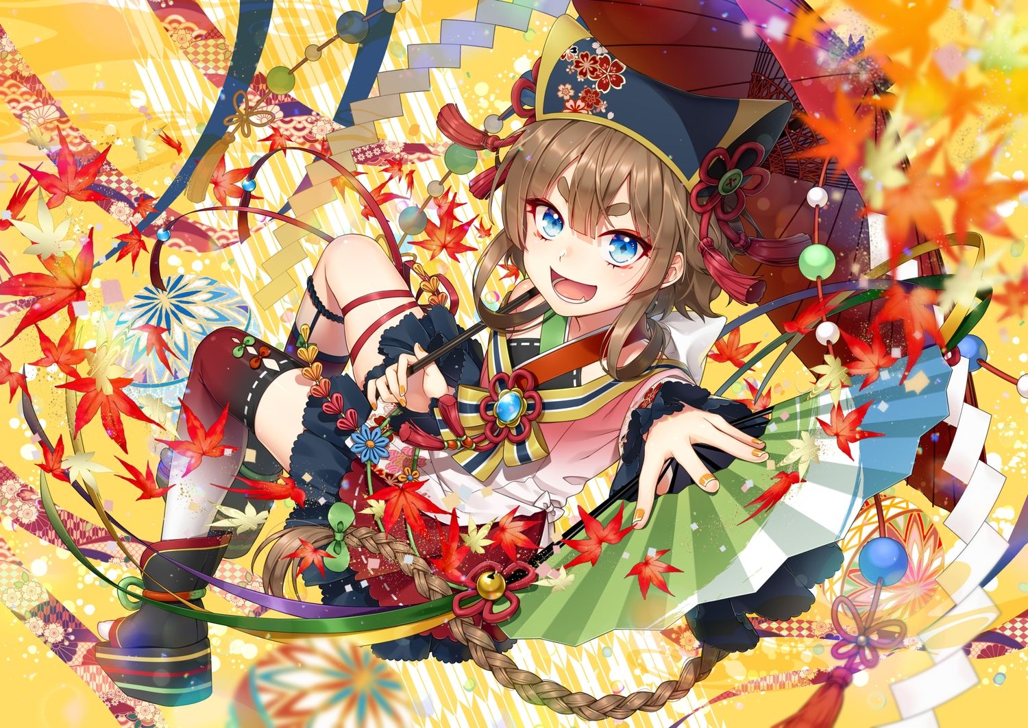 autumn blue eyes braids brown hair fan fang headdress japanese clothes kuronohana leaves long hair original ribbons thighhighs umbrella. konachan.com.com Anime Wallpaper