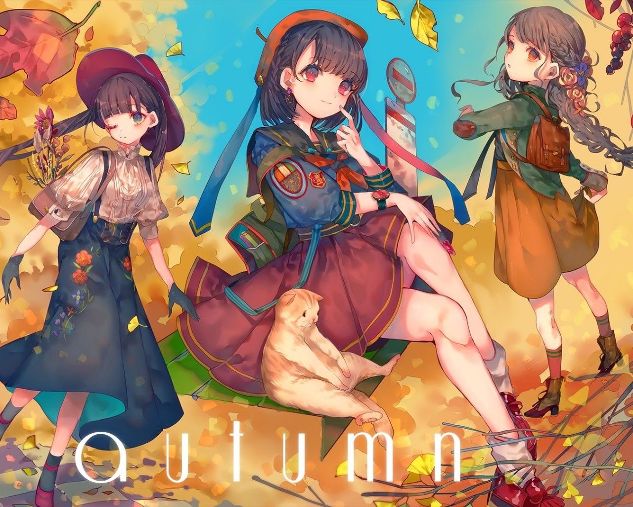 Download 1280x1024 Anime Girls, Cat, Clothes, Autumn Wallpaper