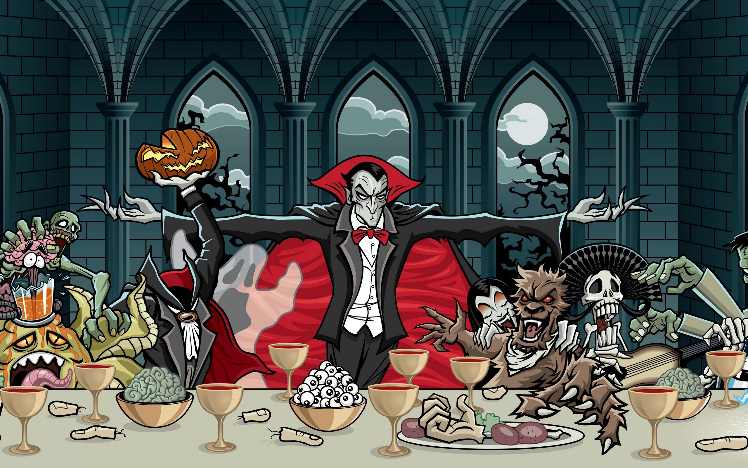 Download wallpaper 2560x1600 dracula, vampire, art, feast, pumpkin, halloween widescreen 16:10 HD background