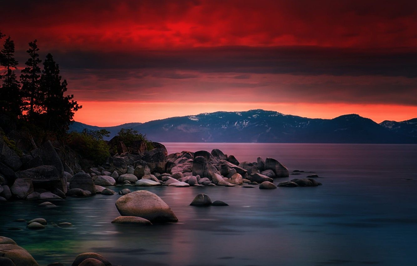 Wallpaper landscape, sunset, mountains, nature, lake, stones, USA, Nevada, Tahoe, Lake Tahoe, Sand Harbor, Nevada State Park, Sandy Harbour image for desktop, section пейзажи