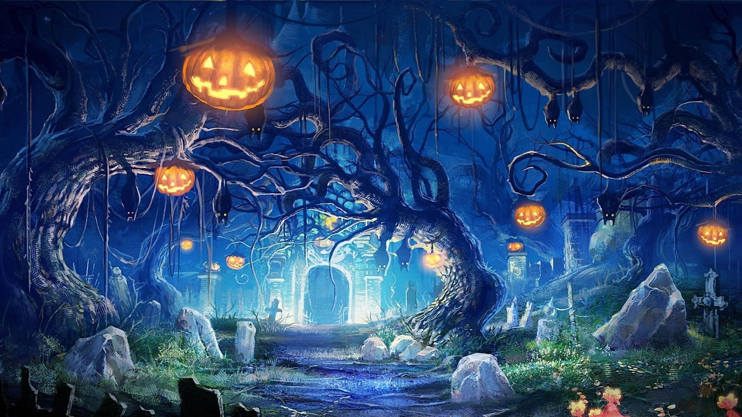 Wallpaper halloween, holiday, castle, gates, graves, bats, night, darkness, fear, pumpkin. Halloween backdrop, Halloween picture, Halloween background
