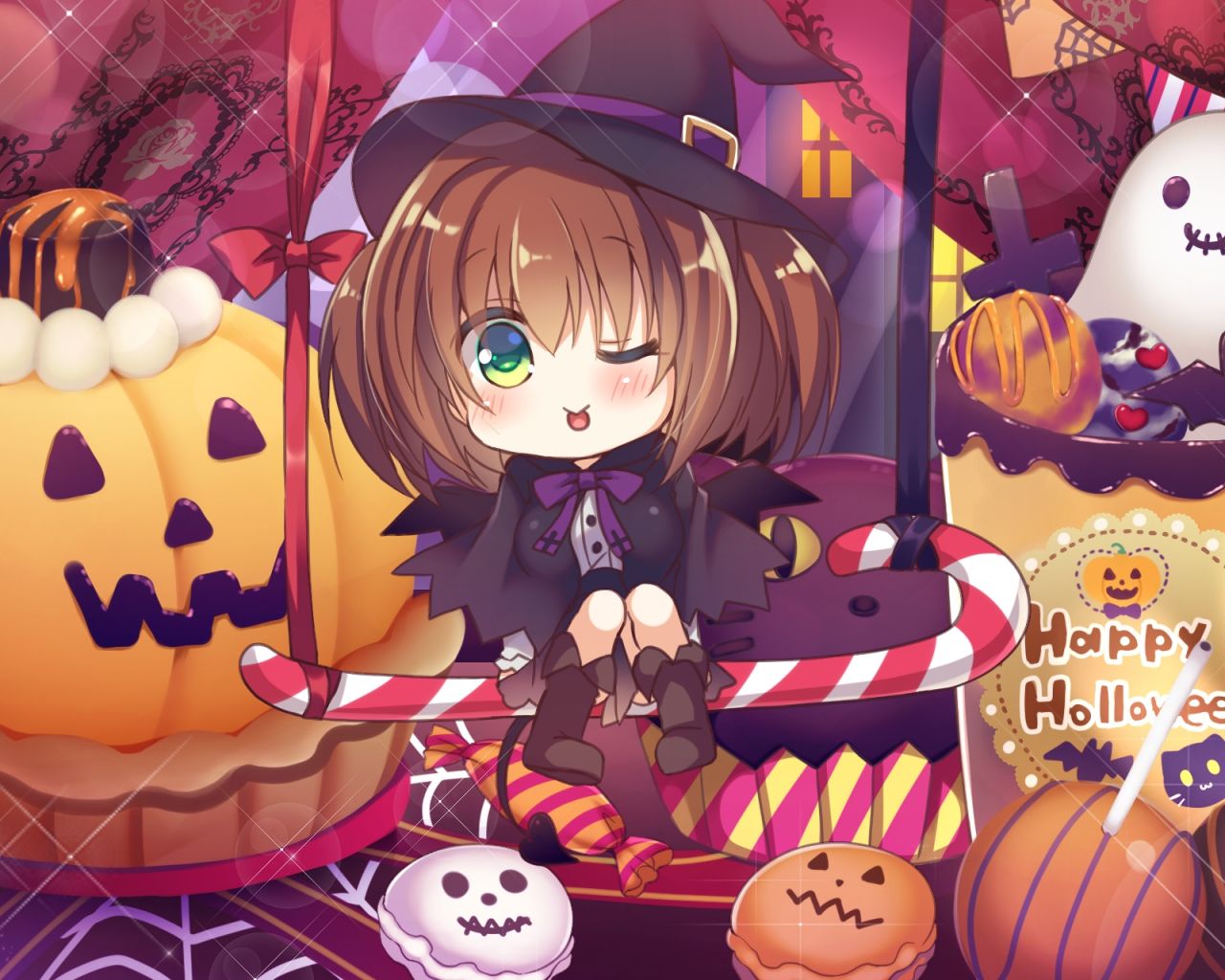 Desktop Wallpaper Cute, Little Witch, Anime Girl, Halloween, HD Image, Picture, Background, 527e9b