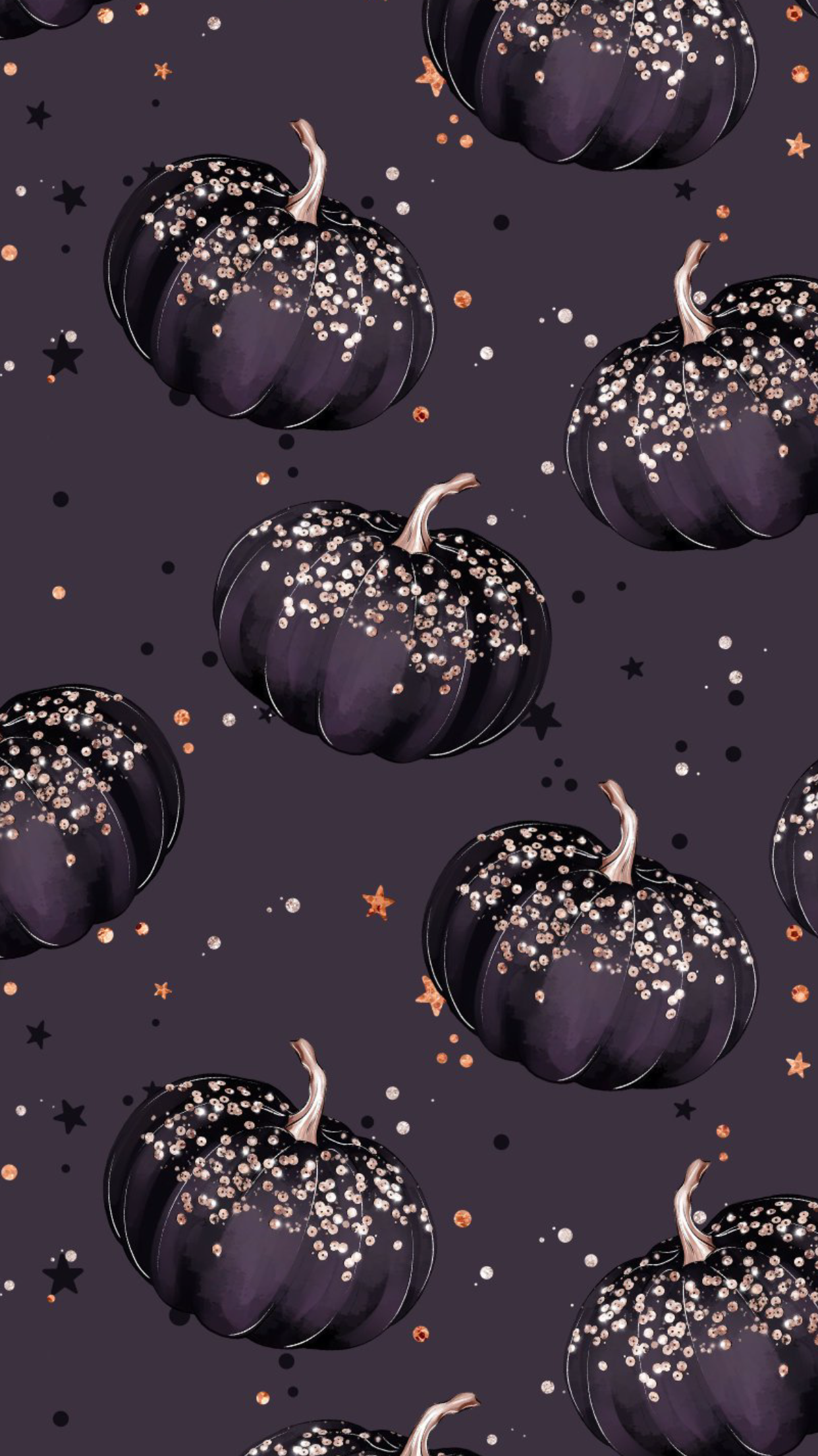 DARK PURPLE CELL PHONE WALLPAPER THAT HAS PURPLE PUMPKINS WITH GOLD GLITTER SPRINKLED ON THEM. Cute fall wallpaper, Fall wallpaper, Halloween wallpaper iphone