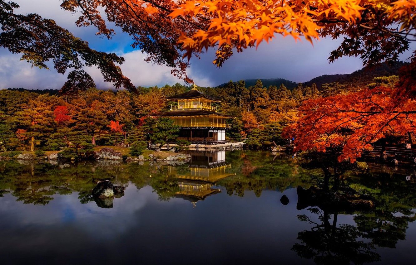 Wallpaper autumn, trees, branches, lake, house, Japan image for desktop, section природа