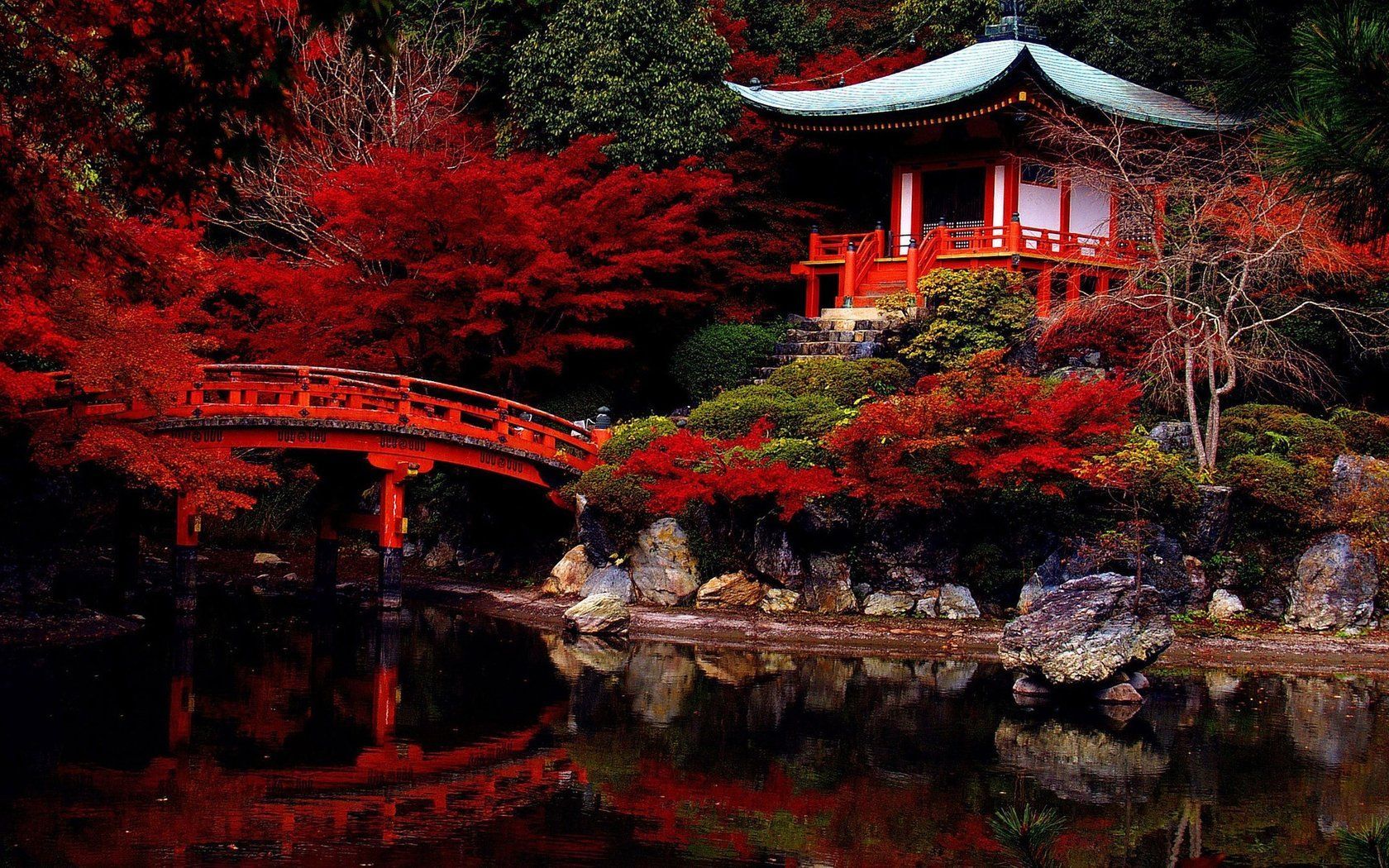 Pagoda, bridge, lake, autumn, reflection, Kyoto, Japan. Japan landscape, Landscape wallpaper, Japanese garden design