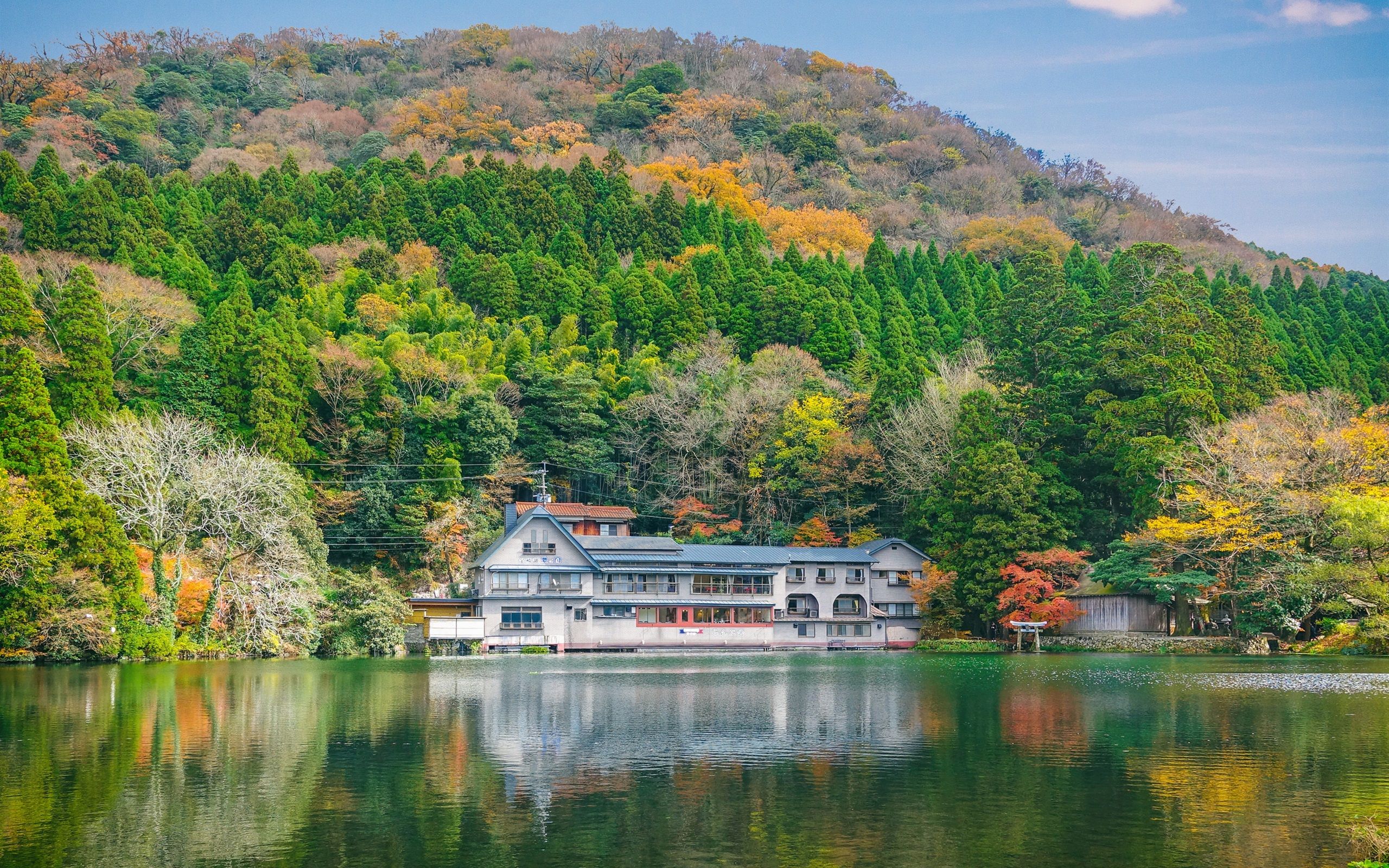 Wallpaper Travel to Japan, Kinrinko, lake, house, trees, autumn 2880x1800 HD Picture, Image