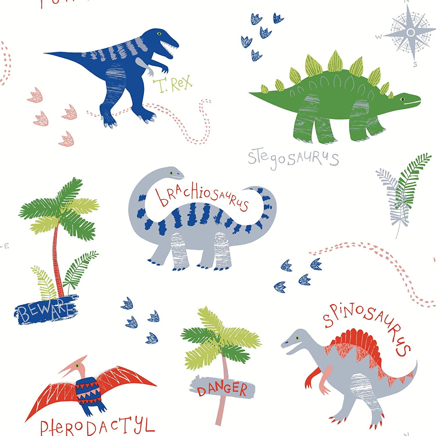 Arthouse, Kids Dino Doodles Wallpaper, Green Blue and Red: Home & Kitchen