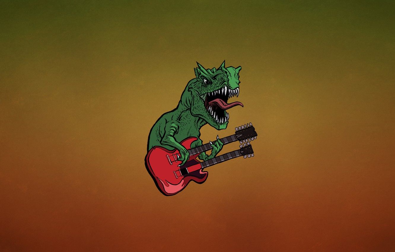 Wallpaper language, red, green, guitar, dinosaur, minimalism, teeth, hard, lizard, fangs, guitar, dino, dark background, dinosaur image for desktop, section минимализм