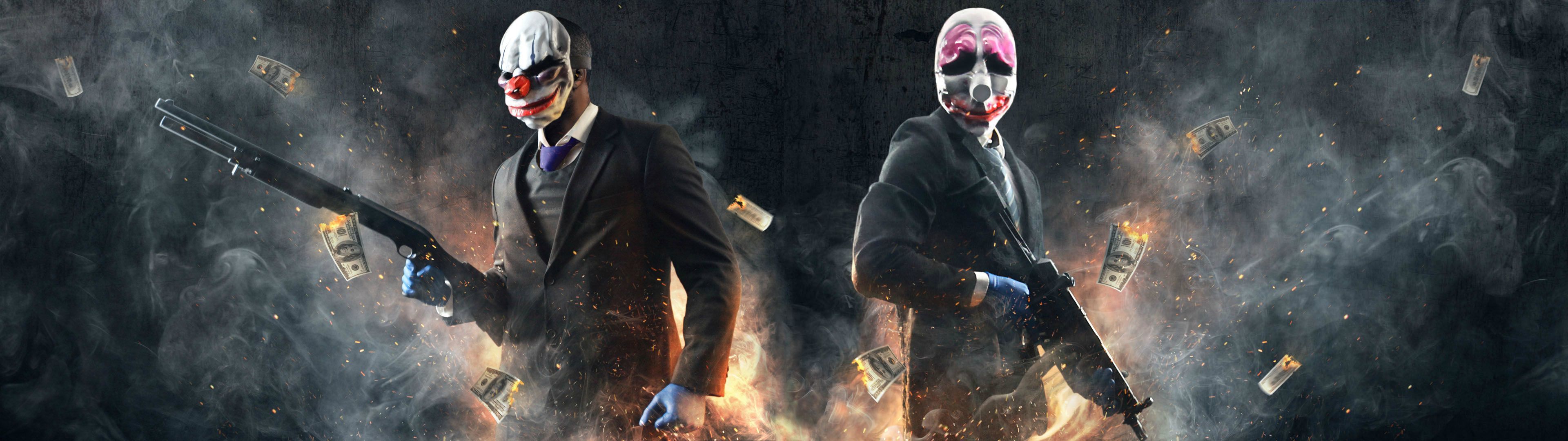 A Payday 2 dual monitor wallpaper i made from steam cards (3840x1080)