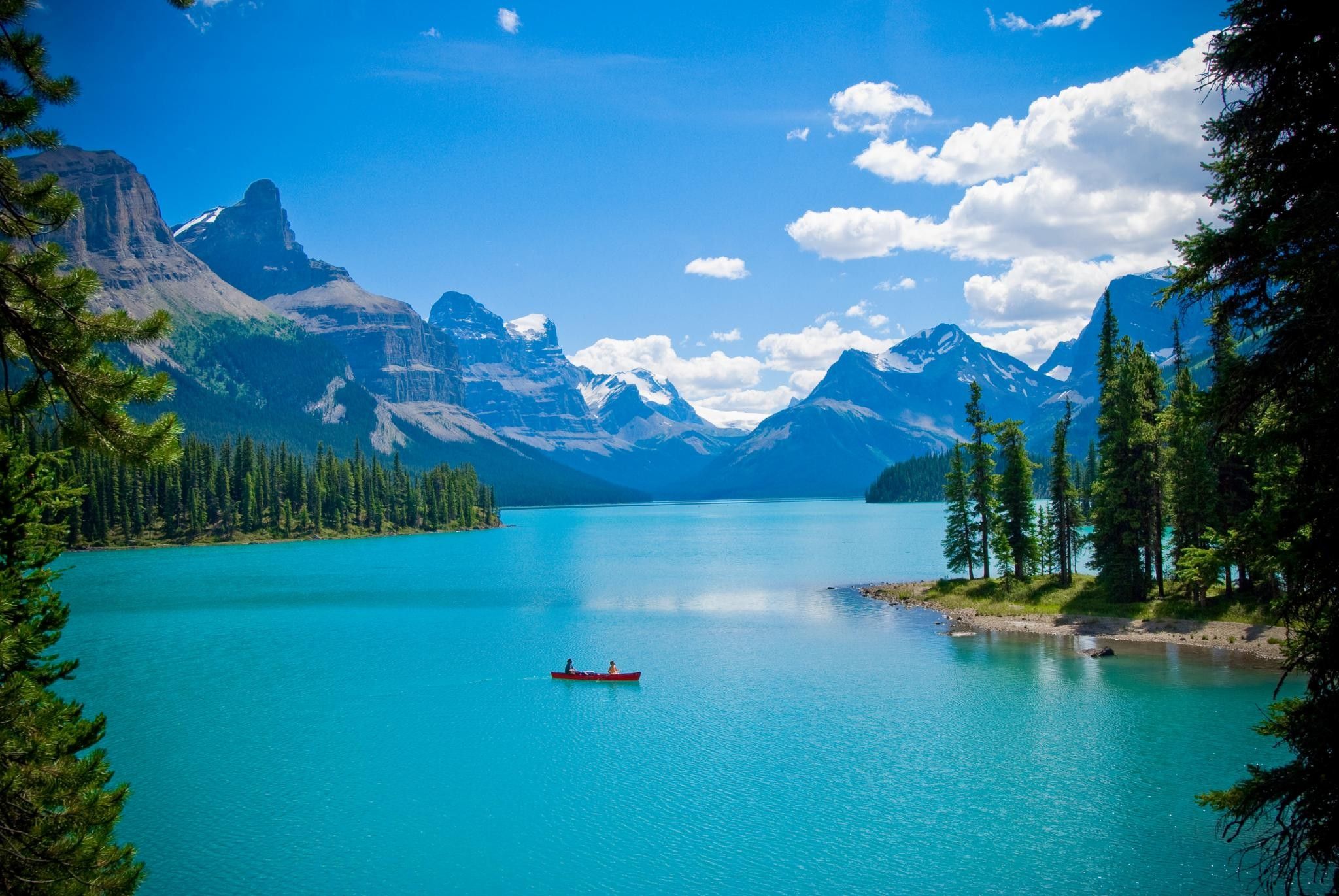 mountains, clouds, landscapes, trees, forests, ships, Canada, lakes, canoe, Maligne Lake wallpaper