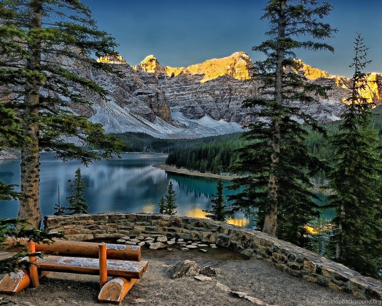Trees Forests Canada Maligne Lake Snowy Peaks Wallpaper. Desktop Background