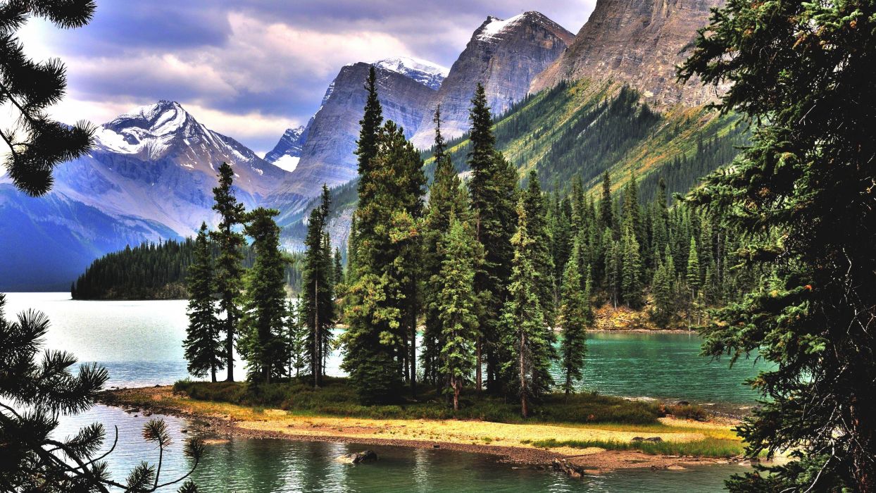 Maligne Lake Alberta Canada lake mountains trees landscape wallpaperx2408