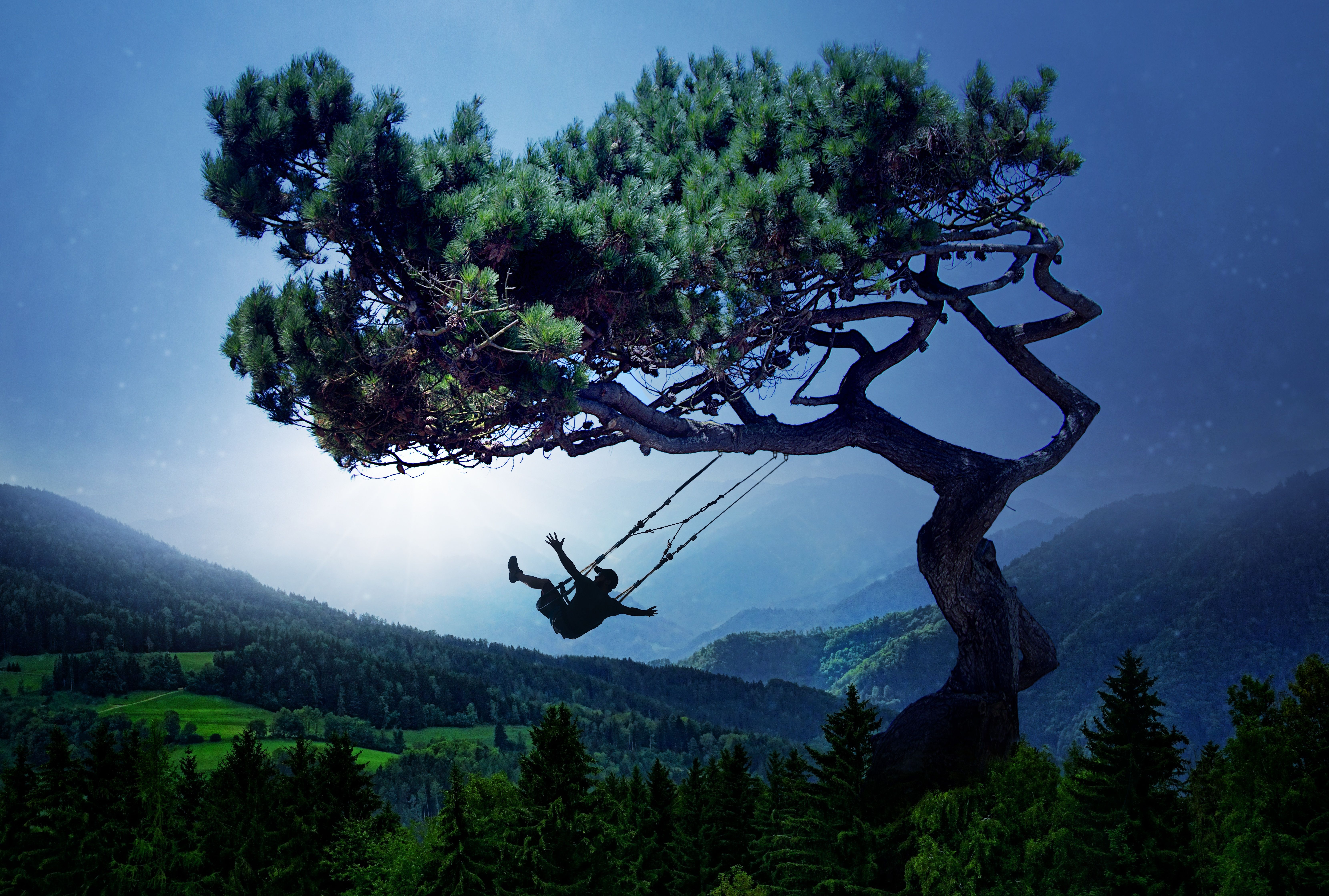 Boy Taking Swing Mood Fantasy 1366x768 Resolution HD 4k Wallpaper, Image, Background, Photo and Picture