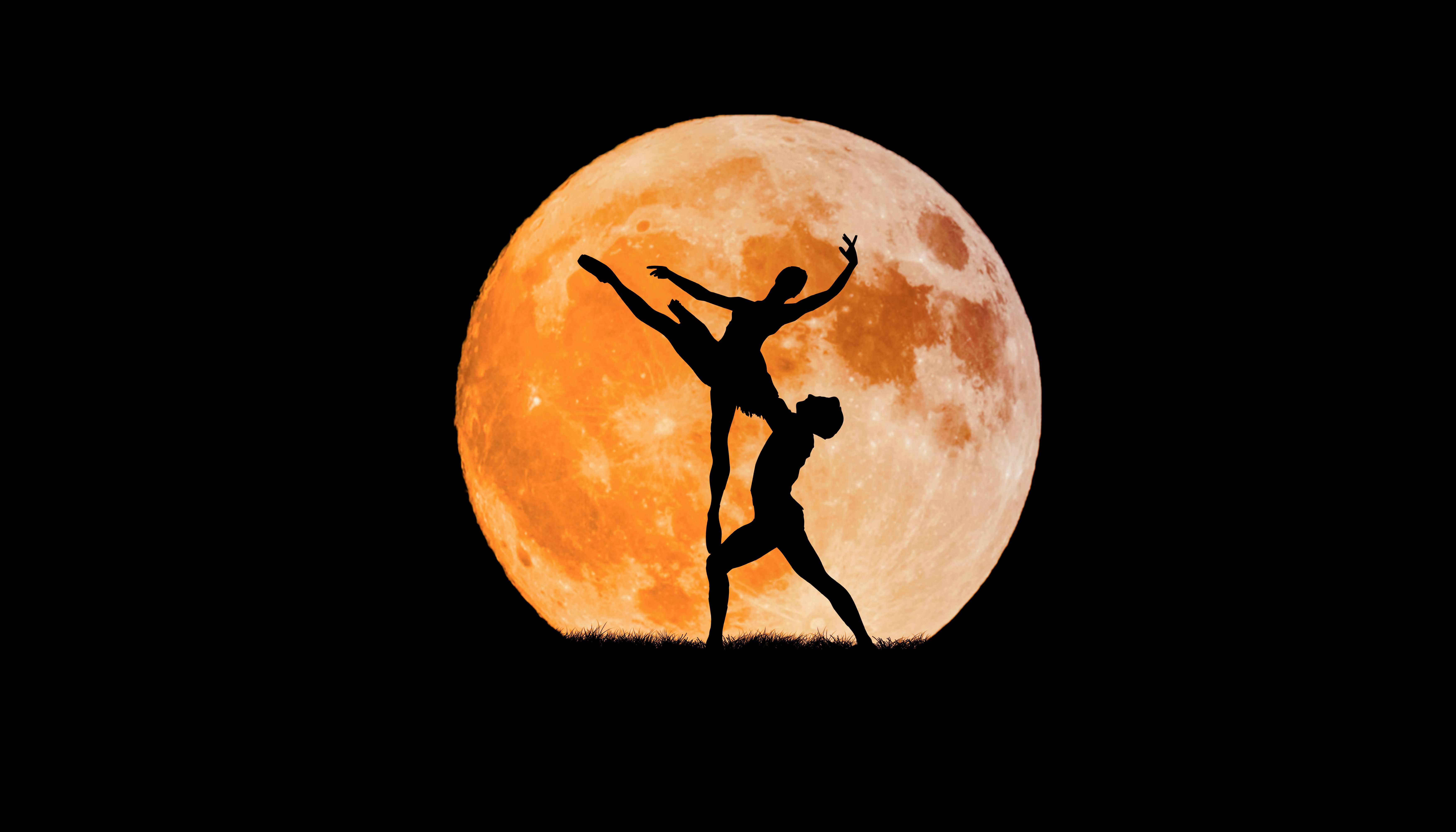 Couple 4K Wallpaper, Ballet Dancers, Full Moon, Silhouette, Black Background, Dancing, 5K, 8K, Black Dark