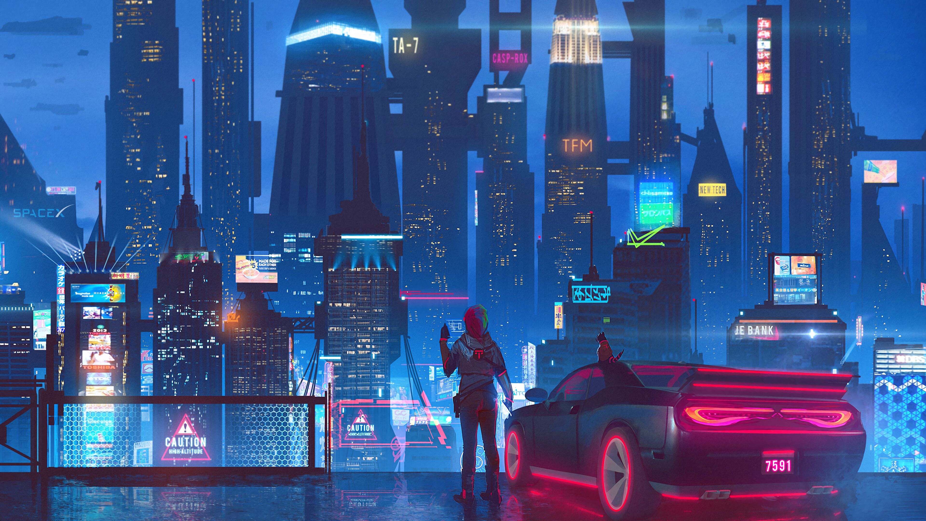 Cyberpunk, Night, City, Car, Buildings, 4K wallpaper HD Wallpaper