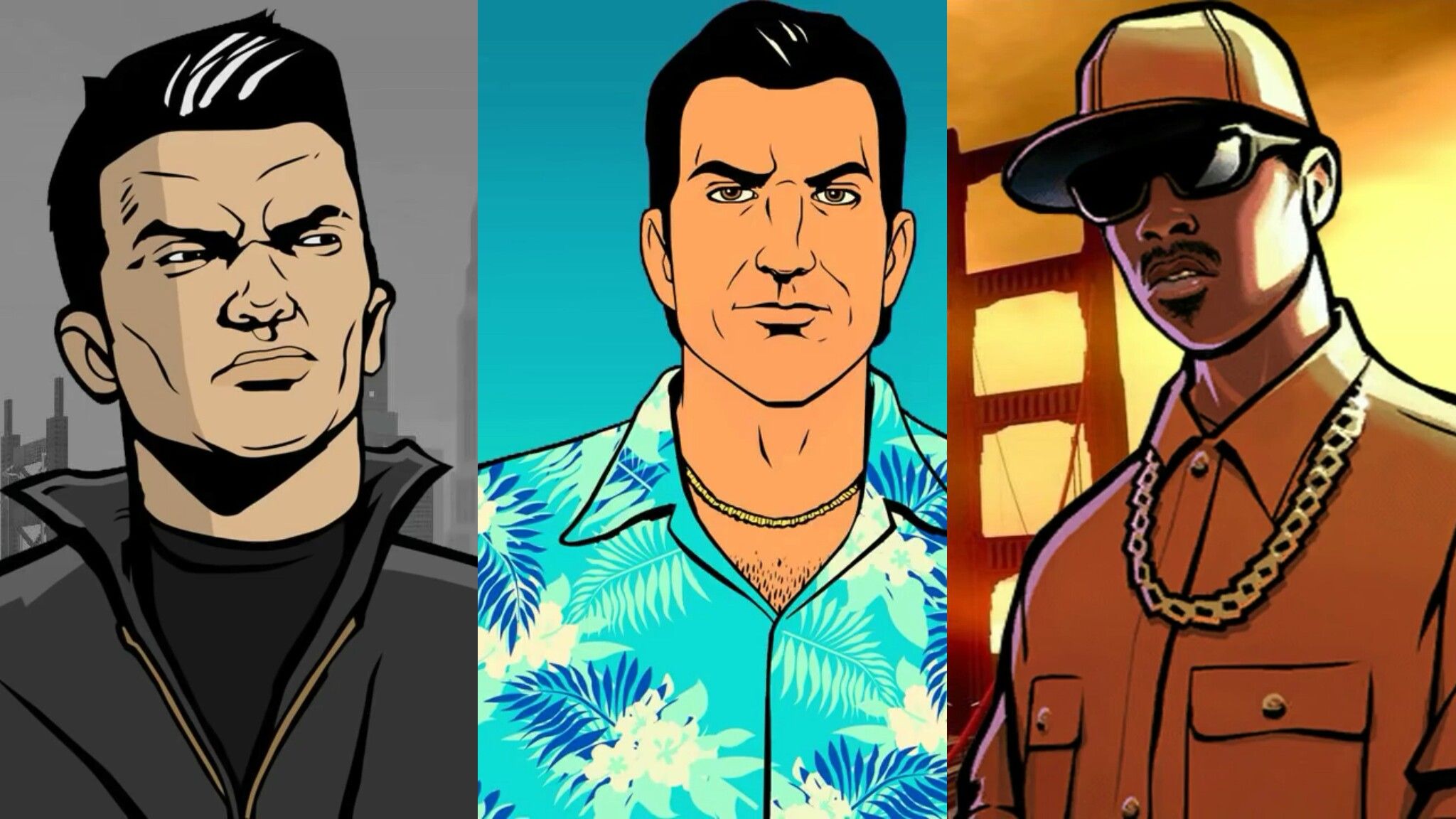 The 3 heroes of Grand Theft Auto Games, Claude Speed, Tommy Vercetti and Carl Johnson CJ. Grand theft auto games, Grand theft auto, Carl johnson