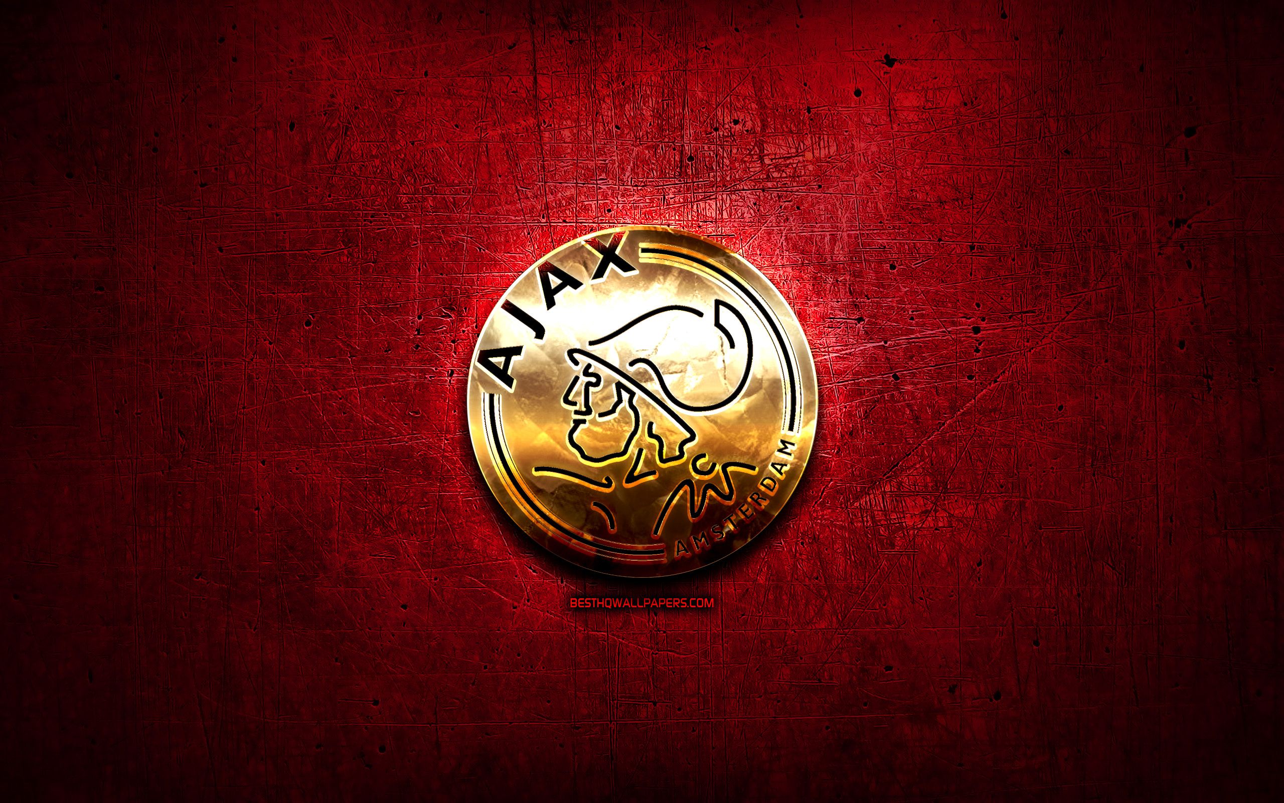 Download wallpaper Ajax FC, golden logo, Eredivisie, red abstract background, soccer, Dutch football club, Ajax logo, football, AFC Ajax, Netherlands for desktop with resolution 2560x1600. High Quality HD picture wallpaper