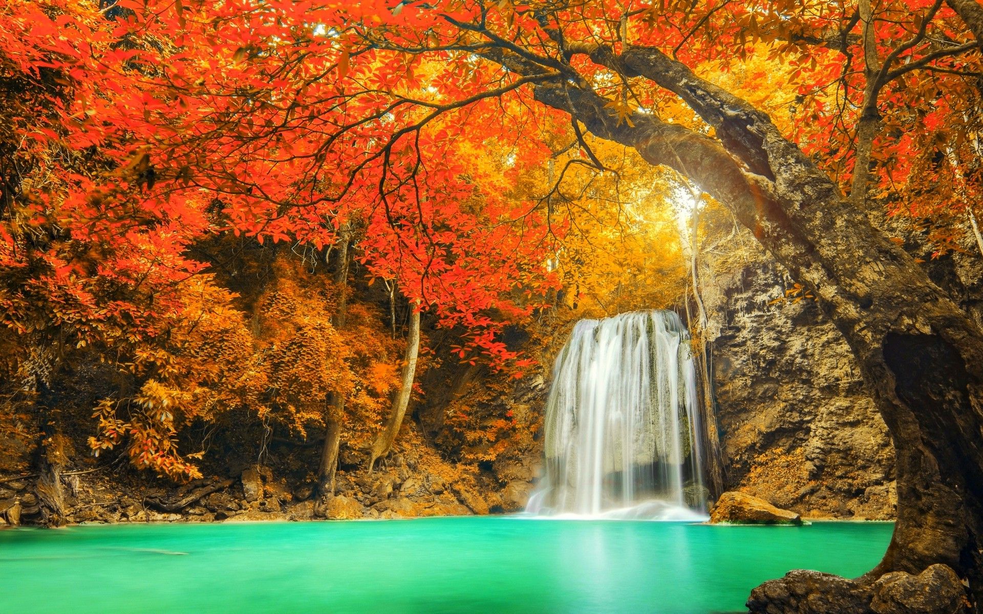 landscape, Nature, Colorful, Waterfall, Trees, Fall, Red, Yellow, Turquoise, Water, Thailand Wallpaper HD / Desktop and Mobile Background