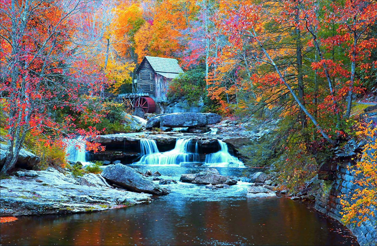 Picture USA Babcock State Park Autumn Nature Waterfalls Parks river