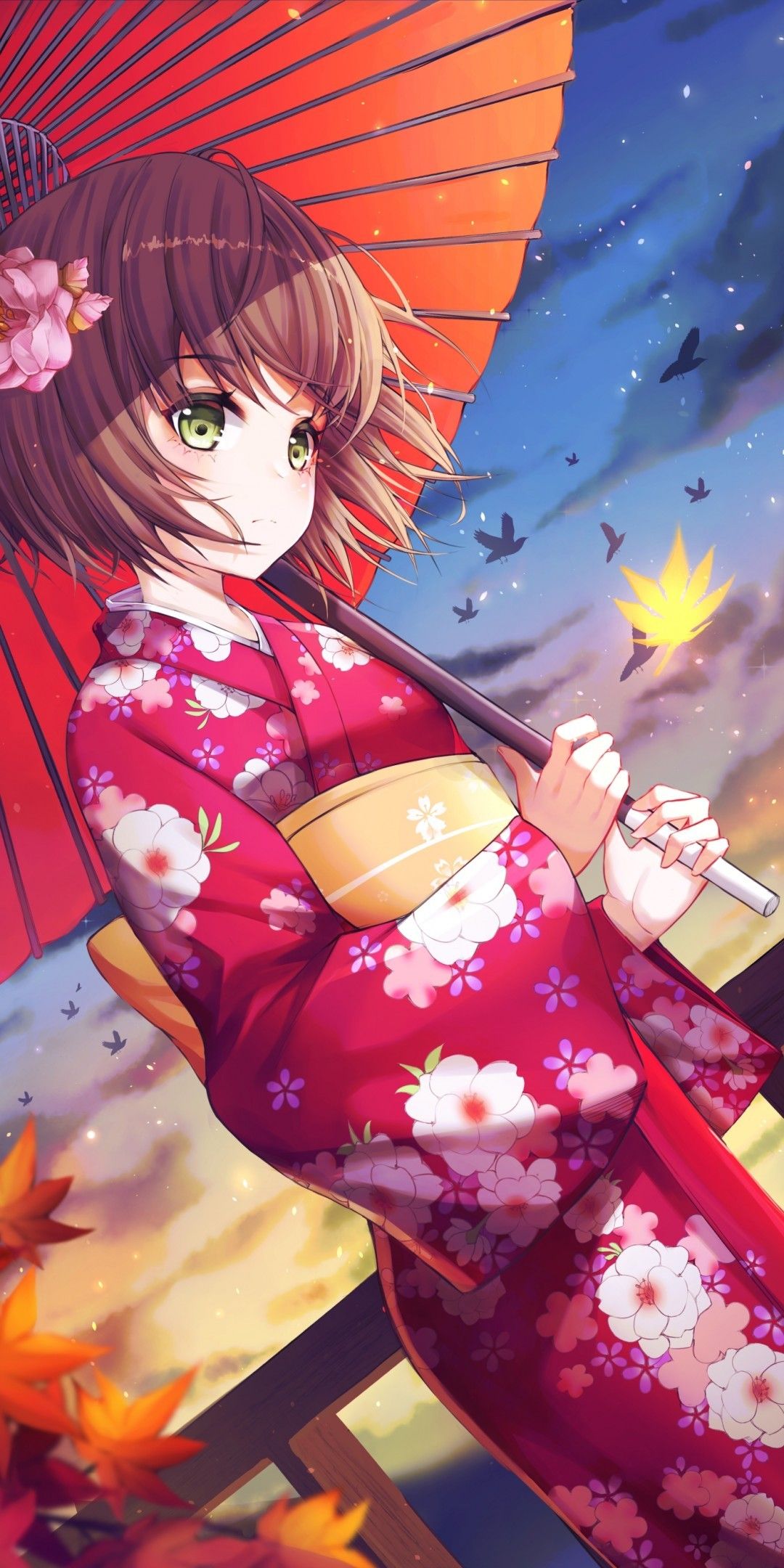 Download 1080x2160 Anime Girl, Scenic, Sunset, Kimono, Umbrella, Autumn Wallpaper for Huawei Mate 10