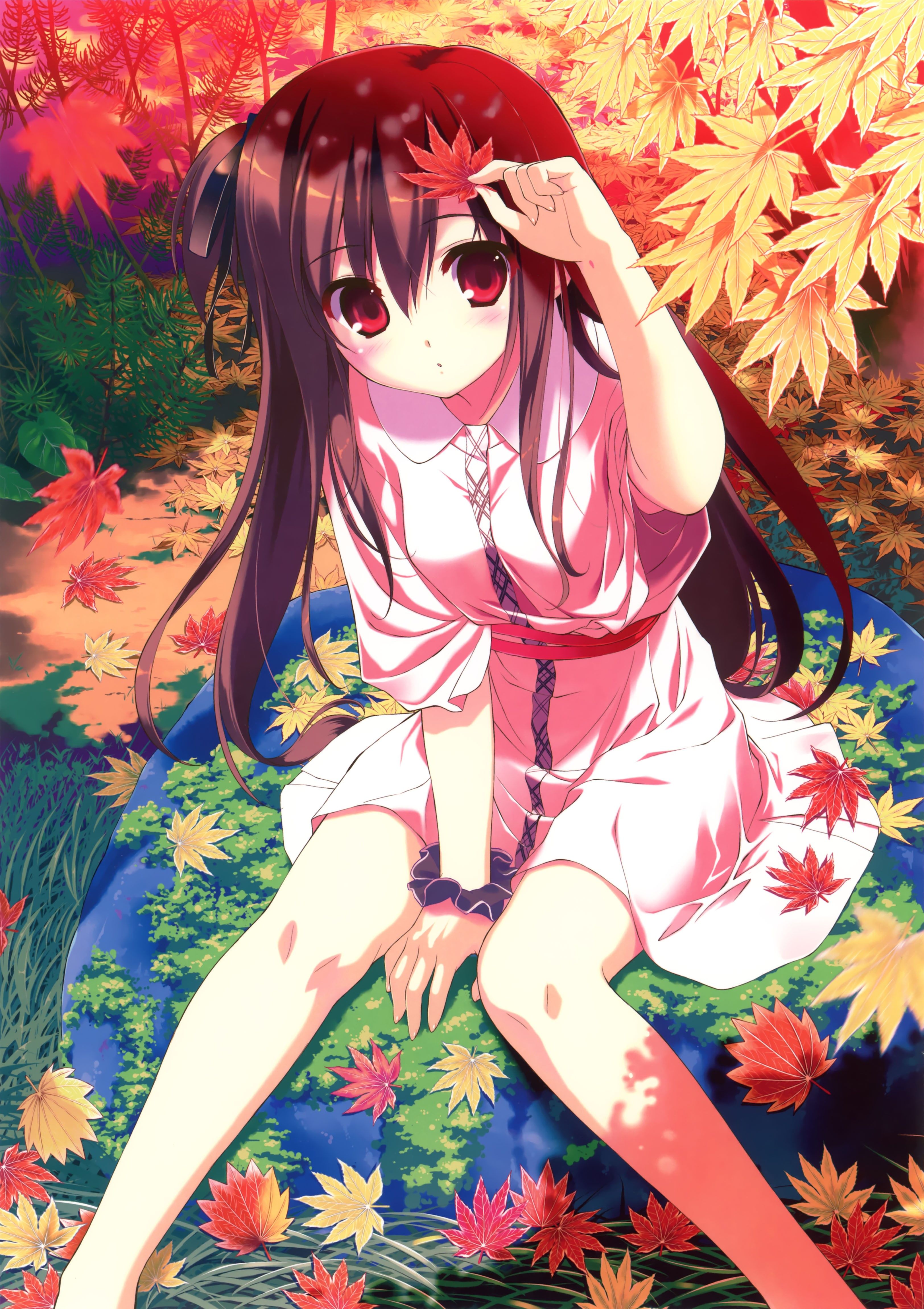 leaves, long hair, red eyes, yukata, anime girls, Autumn leaves, Fumio wallpaper