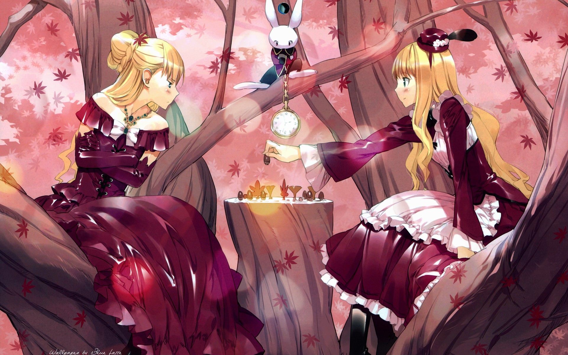 bunnies, autumn, Alice in Wonderland, chess, anime girls wallpaper