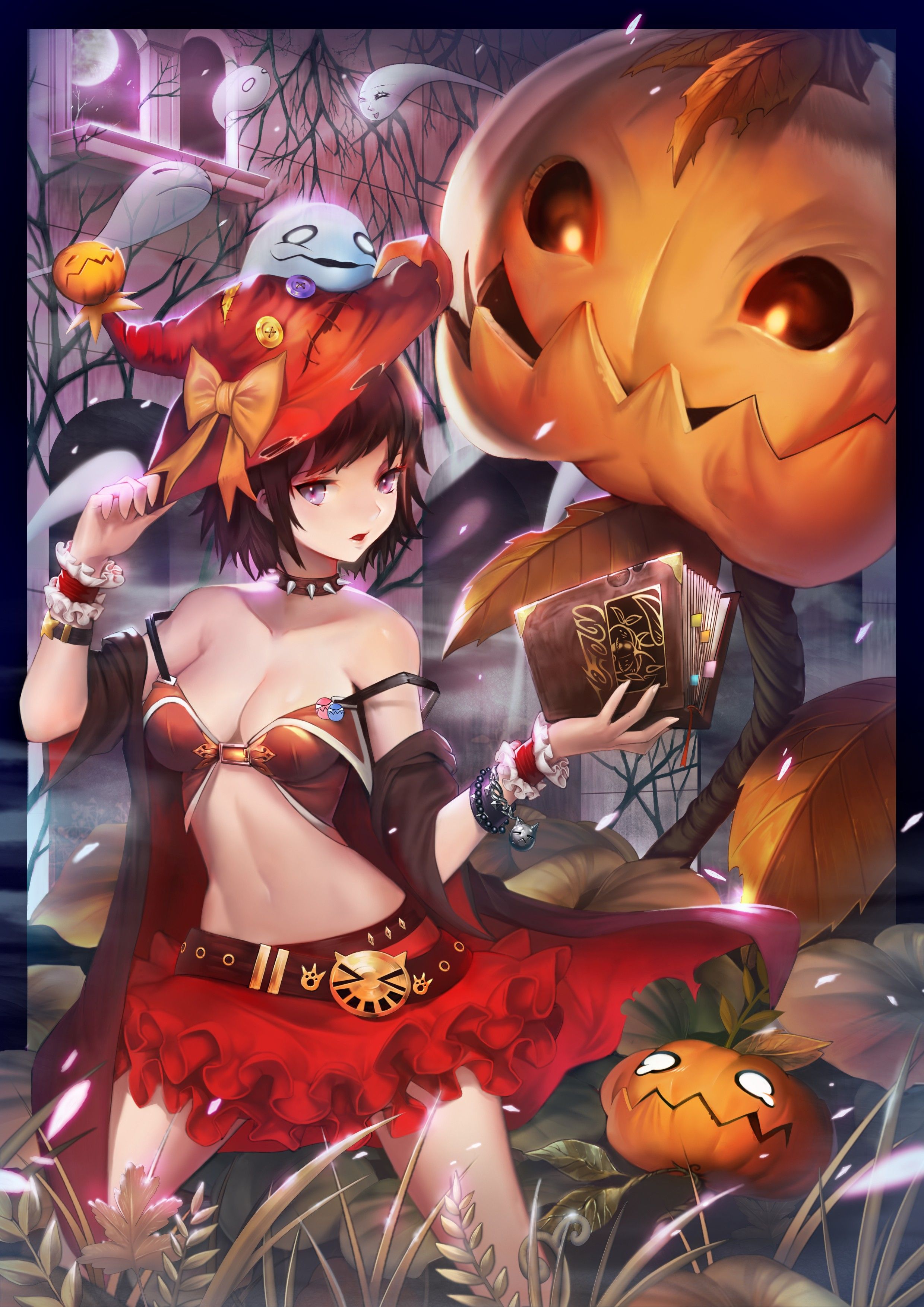 brunettes, Halloween, cleavage, ghosts, short hair, purple eyes, anime girls, original characters, bare shoulders wallpaper