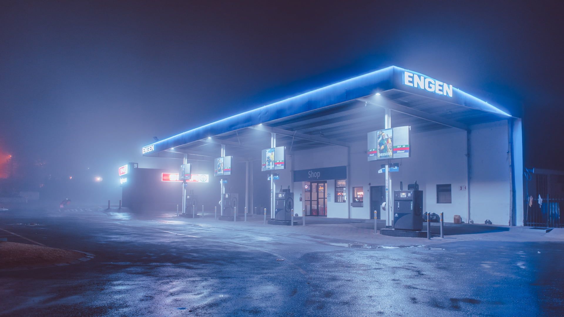 white and blue Engen gas station #night long exposure #street street light Gas station neon lights Elsa. Gas station, Desktop background image, Background image