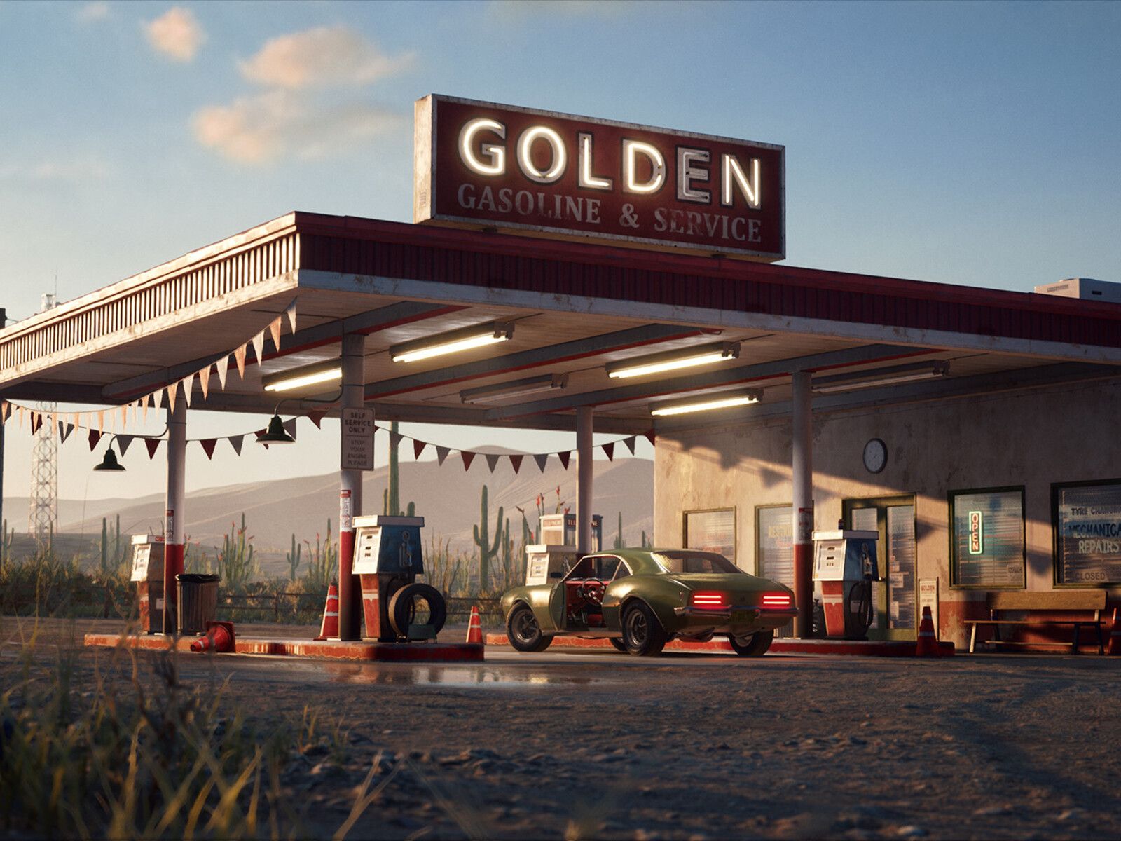 Golden Gasoline Desert Gas Station 1600x1200 Resolution HD 4k Wallpaper, Image, Background, Photo and Picture