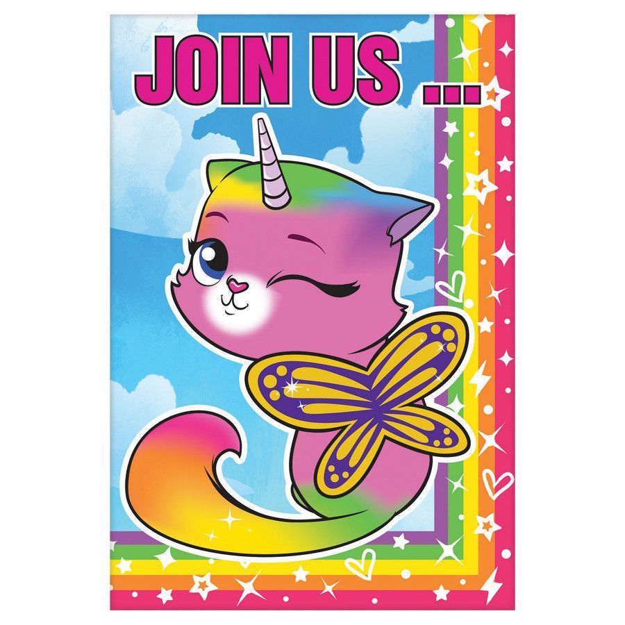 Rainbow Butterfly Unicorn Kitty Invitations (8).com. Unicorn cat, Rainbow butterfly, Cat party