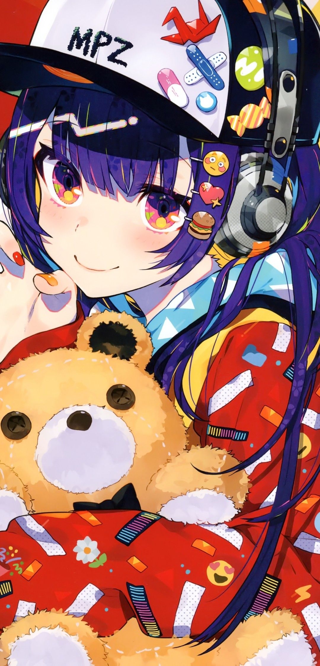 Download 1080x2246 Anime Girl, Headphones, Purple Hair, Cap, Teddy Bear Wallpaper for Xiaomi Pocophone F Asus ZenFone 5Z
