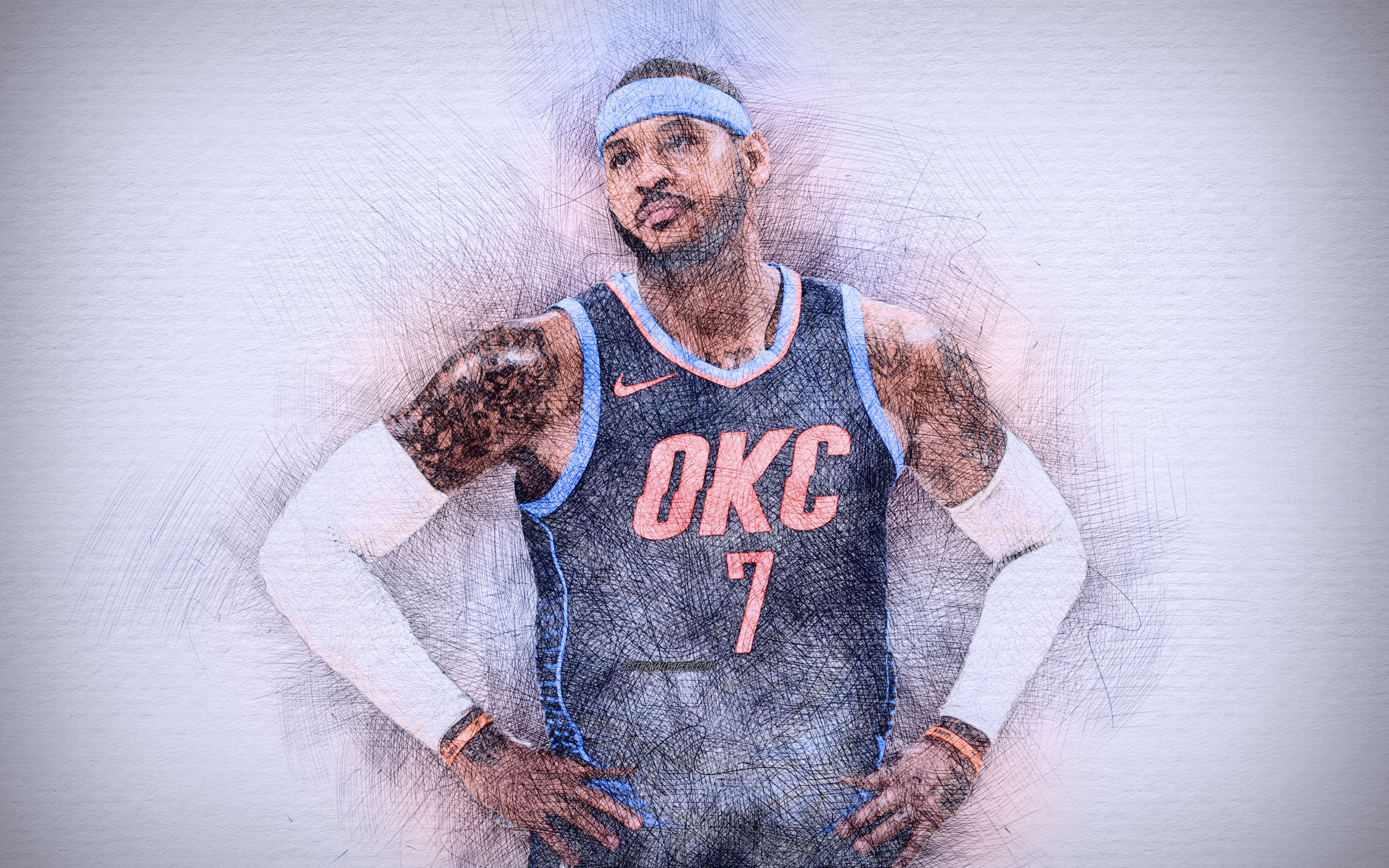 Download wallpaper Carmelo Anthony, 4k, artwork, basketball stars, Oklahoma City Thunder, NBA, basketball, OKC, drawing Carmelo Anthony for desktop with resolution 3840x2400. High Quality HD picture wallpaper