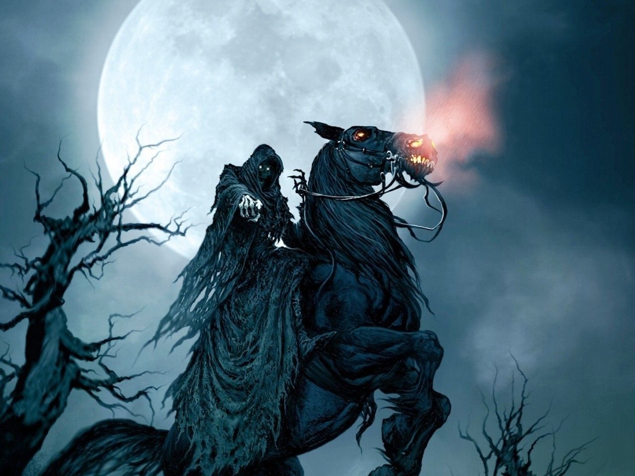 165621 Grim_Reaper Moon Horse Trees Fantasy_ (1280×960). Dark Evil, Dark Angel Wallpaper, Dark Fantasy