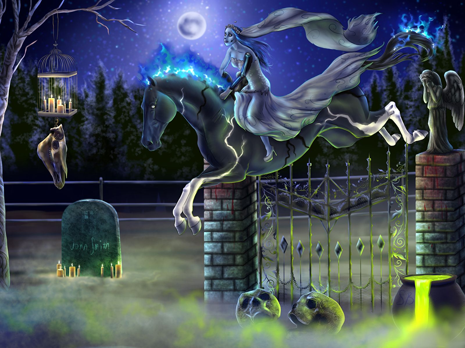Photo Horses Gothic Fantasy Fantasy Halloween Jump Moon 1600x1200